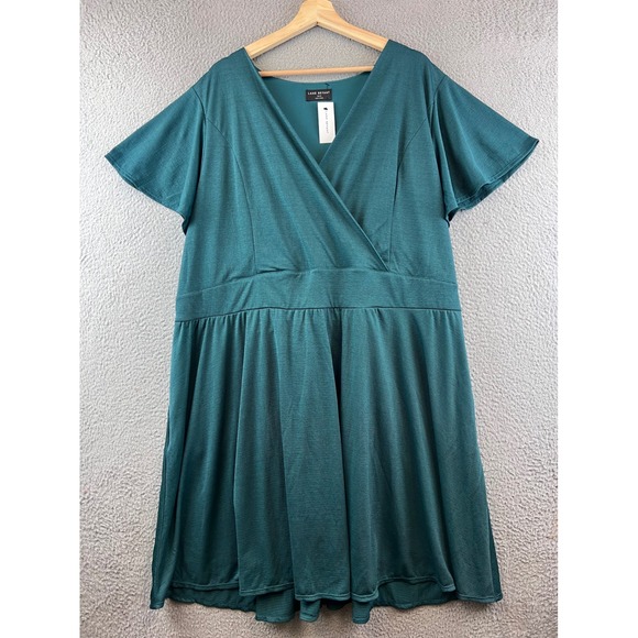 New Lane Bryant Dress Plus Size 30/32 Green Flutter Sleeve Tie Back Surplice - Picture 1 of 10